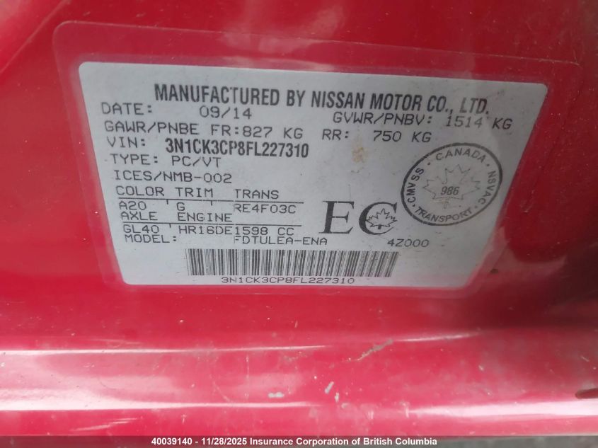 2015 Nissan Micra VIN: 3N1CK3CP8FL227310 Lot: 40039140