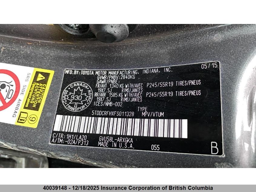 2015 Toyota Highlander Hybrid Ltd Platinum VIN: 5TDDCRFHXFS011328 Lot: 40039148