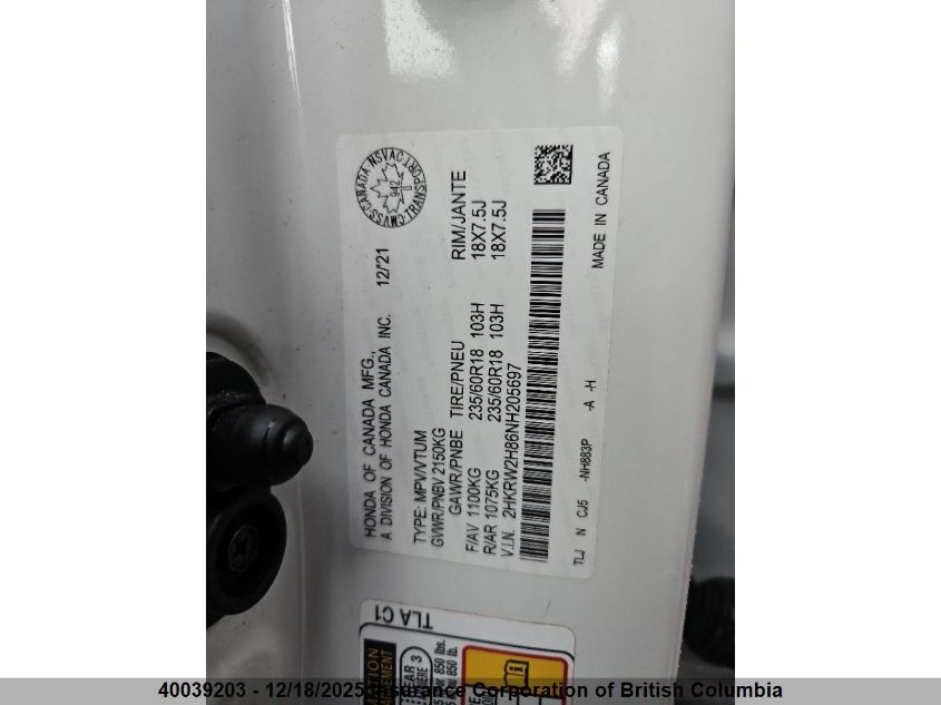 2022 Honda Cr-V VIN: 2HKRW2H86NH205697 Lot: 40039203