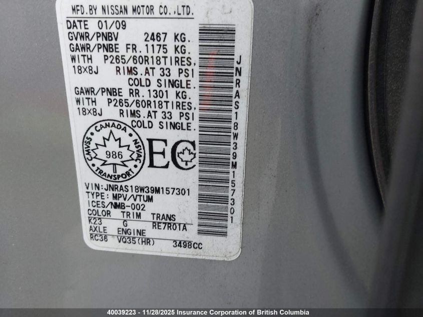 2009 Infiniti Fx35 VIN: JNRAS18W39M157301 Lot: 40039223