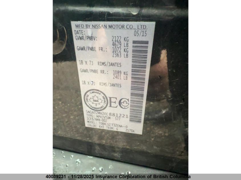 2015 Nissan Rogue VIN: 5N1AT2MV2FC881221 Lot: 40039231