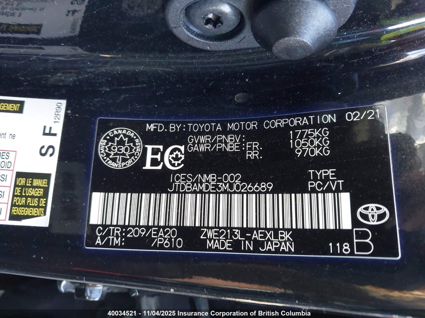 2021 Toyota Corolla VIN: JTDBAMDE3MJ026689 Lot: 40034521