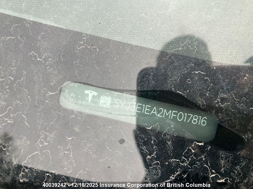 2021 Tesla Model 3 VIN: 5YJ3E1EA2MF017816 Lot: 40039242