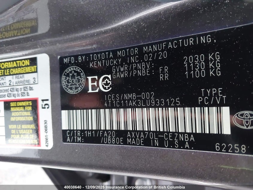 4T1C11AK3LU933125 2020 TOYOTA CAMRY photo no. 9