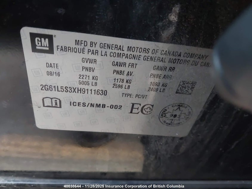 2017 Cadillac Xts VIN: 2G61L5S3XH9111630 Lot: 40038644