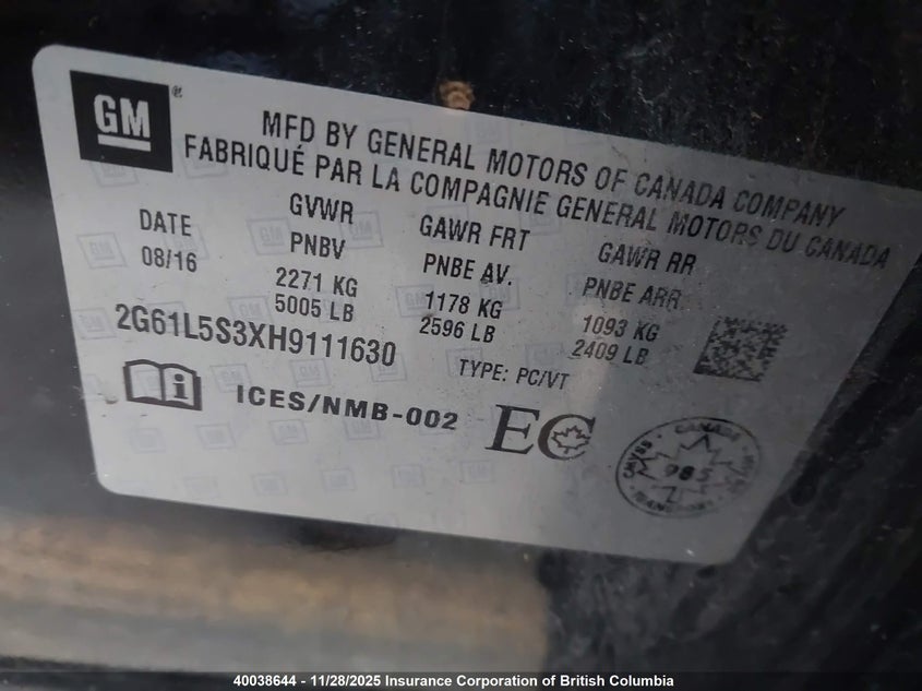 2017 Cadillac Xts VIN: 2G61L5S3XH9111630 Lot: 40038644