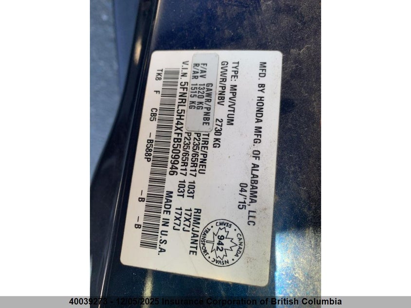 5FNRL5H4XFB509946 2015 HONDA ODYSSEY photo no. 7