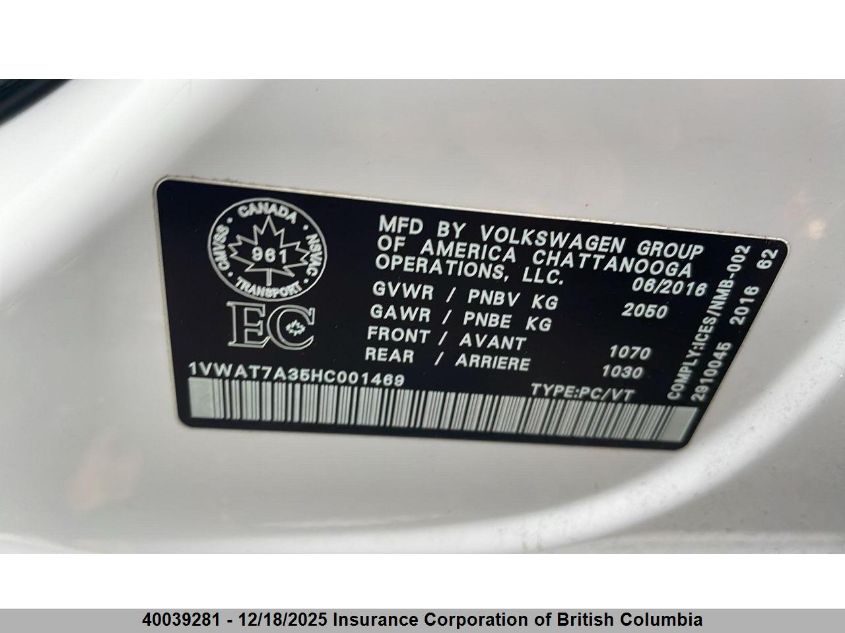 2017 Volkswagen Passat S VIN: 1VWAT7A35HC001469 Lot: 40039281