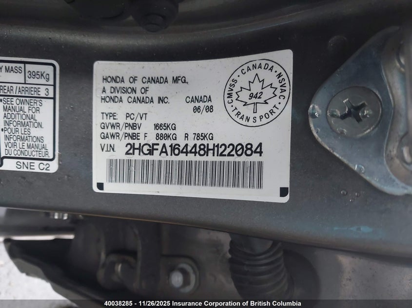 2HGFA16448H122084 2008 HONDA CIVIC photo no. 9