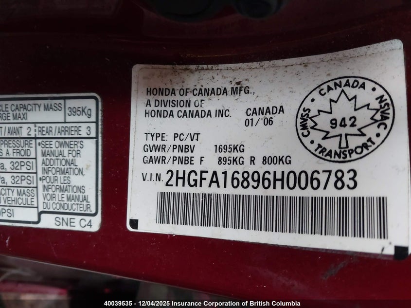 2HGFA16896H006783 2006 HONDA CIVIC photo no. 9