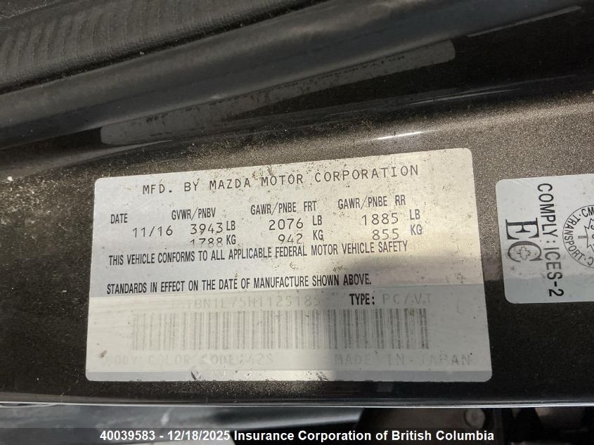 2017 Mazda 3 Touring VIN: JM1BN1L75H1125185 Lot: 40039583