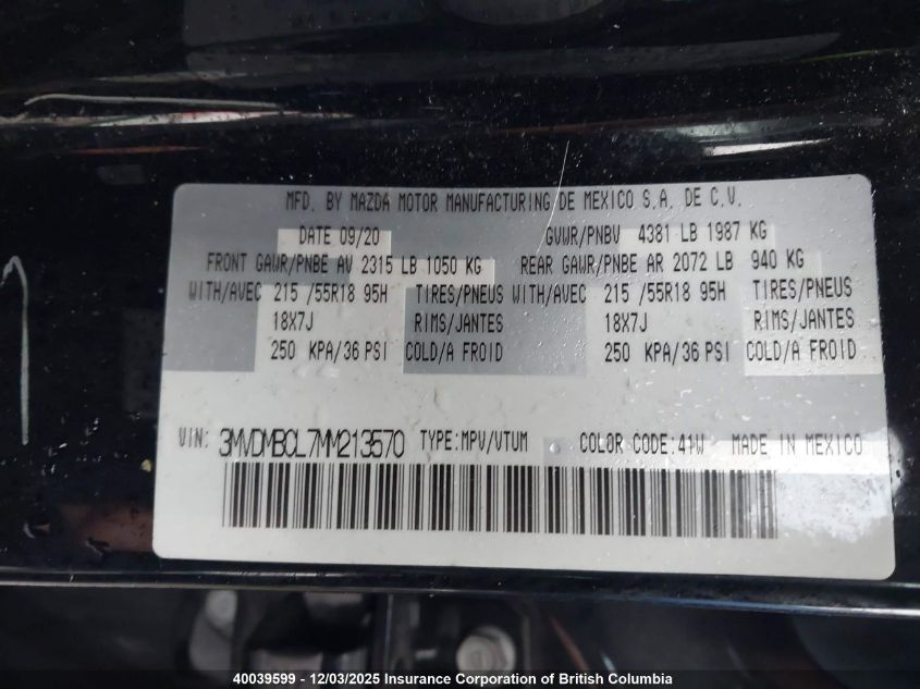 2021 Mazda Cx-30 VIN: 3MVDMBCL7MM213570 Lot: 40039599