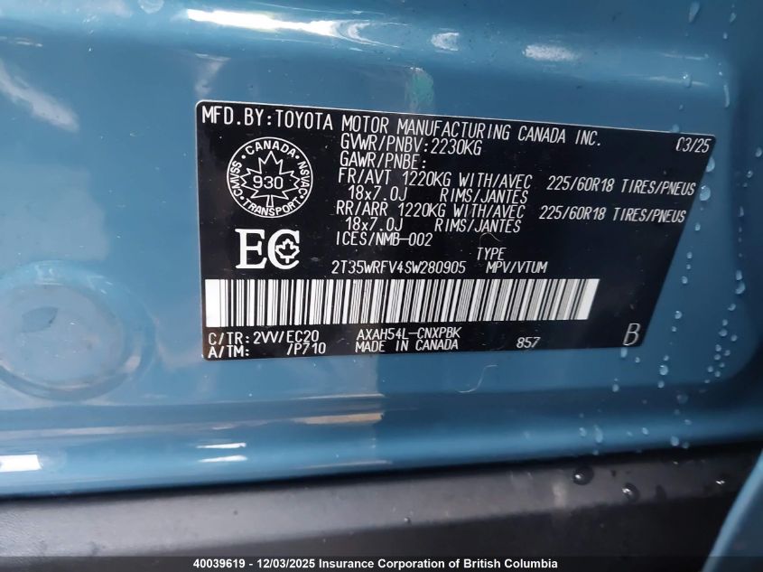 2025 Toyota Rav4 VIN: 2T35WRFV4SW280905 Lot: 40039619