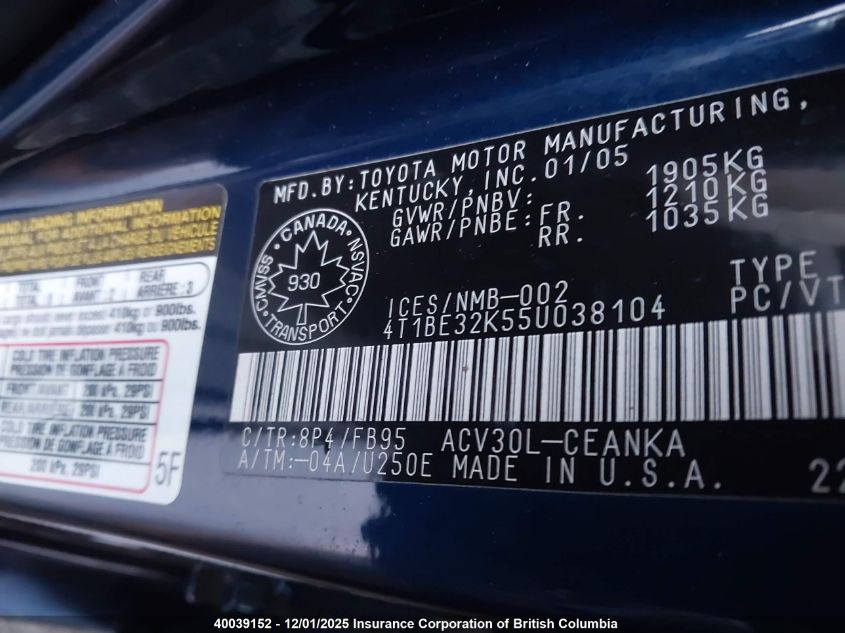 2005 Toyota Camry Le/Xle/Se VIN: 4T1BE32K55U038104 Lot: 40039152