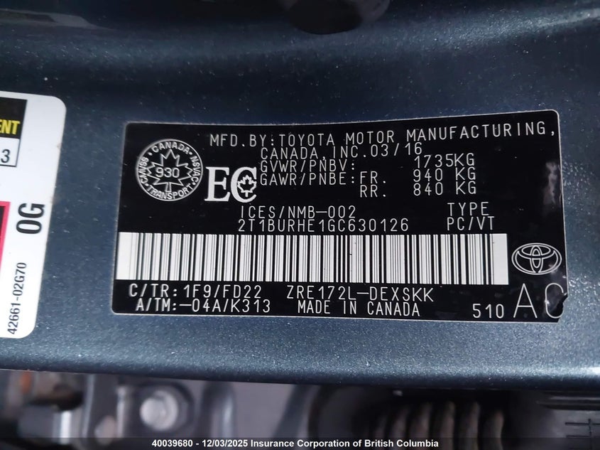 2T1BURHE1GC630126 2016 TOYOTA COROLLA photo no. 9