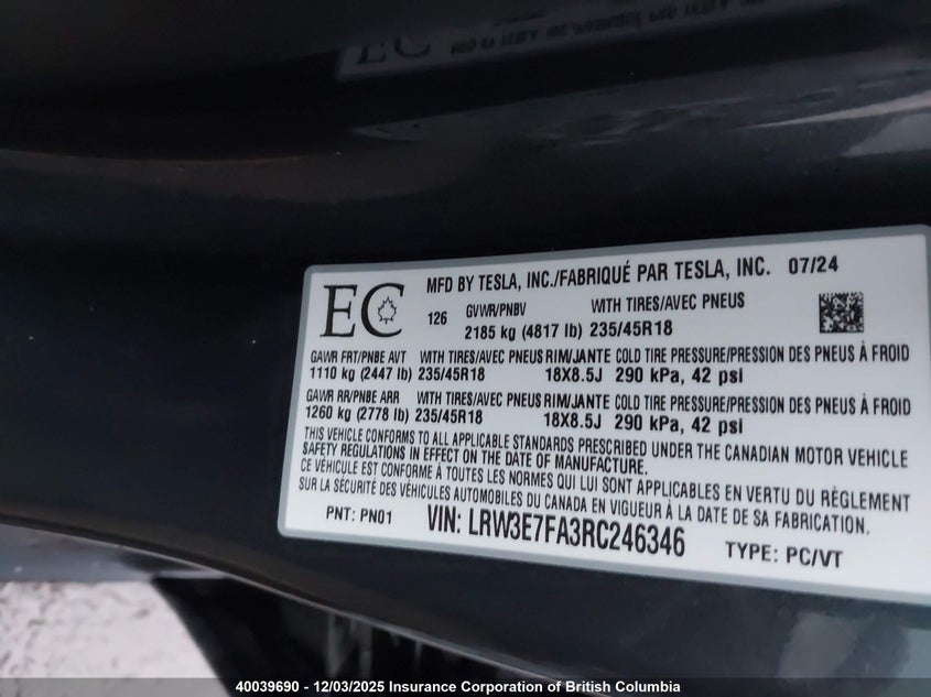 LRW3E7FA3RC246346 2024 TESLA MODEL 3 photo no. 9