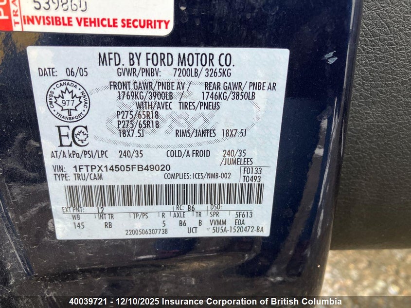 1FTPX14505FB49020 2005 FORD F-150 photo no. 5