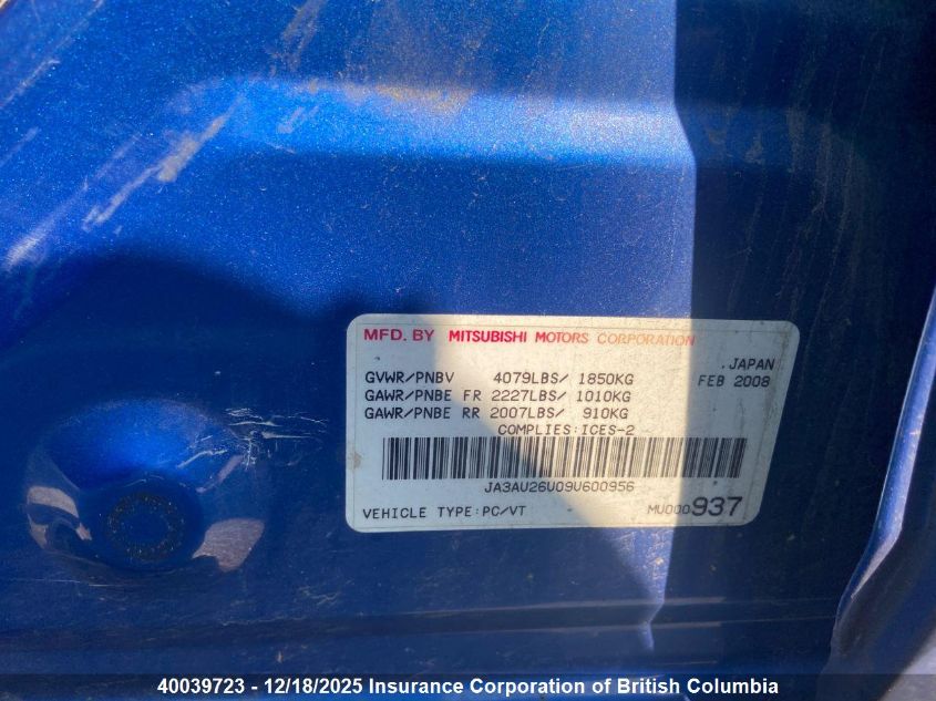 2009 Mitsubishi Lancer Es/Es Sport VIN: JA3AU26U09U600956 Lot: 40039723