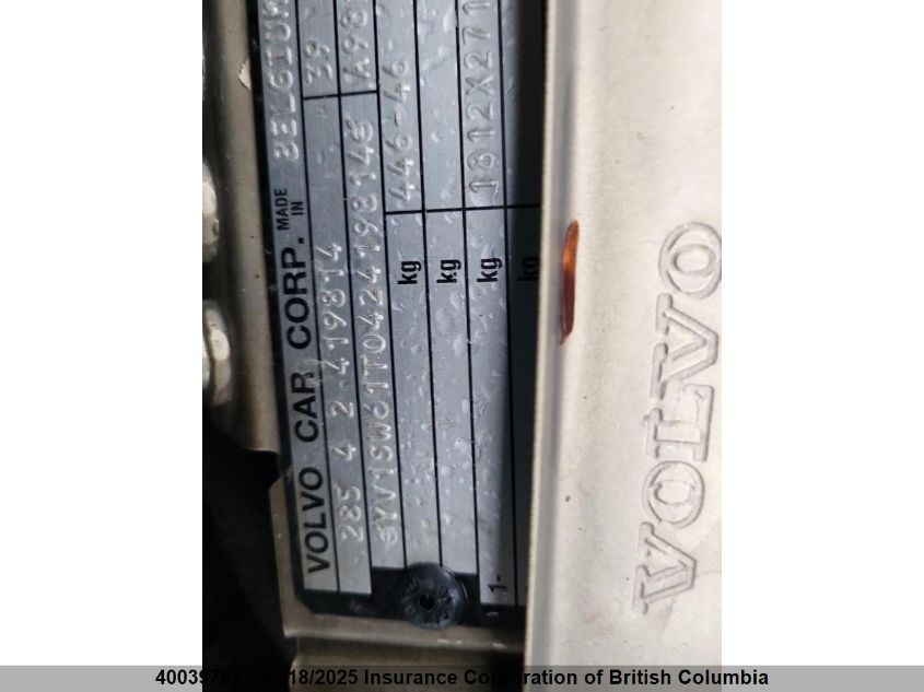 2004 Volvo V70 VIN: YV1SW61T042419814 Lot: 40039781