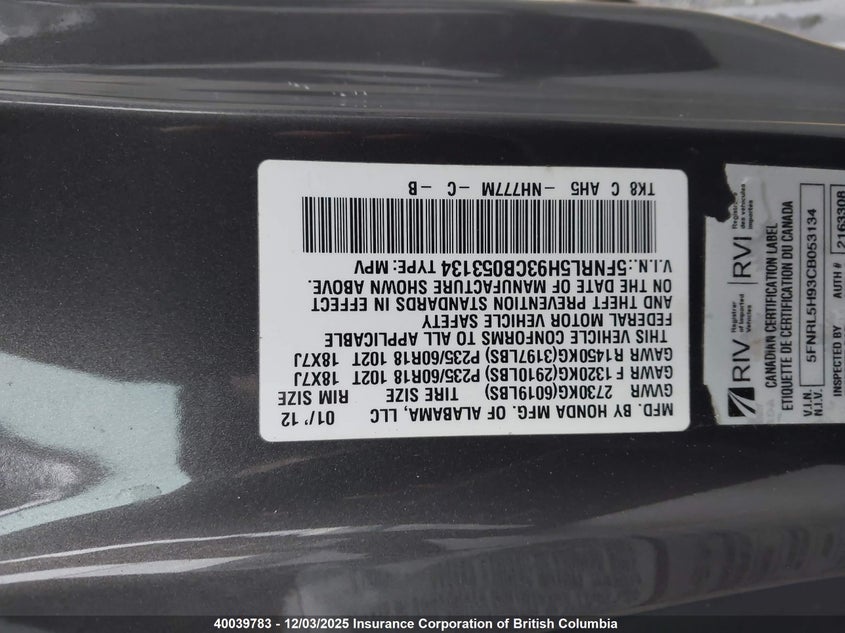 5FNRL5H93CB053134 2012 HONDA ODYSSEY photo no. 9