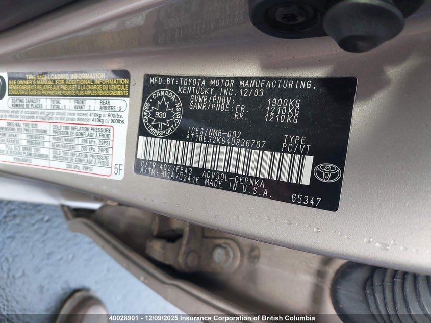 4T1BE32K64U836707 2004 TOYOTA CAMRY photo no. 9