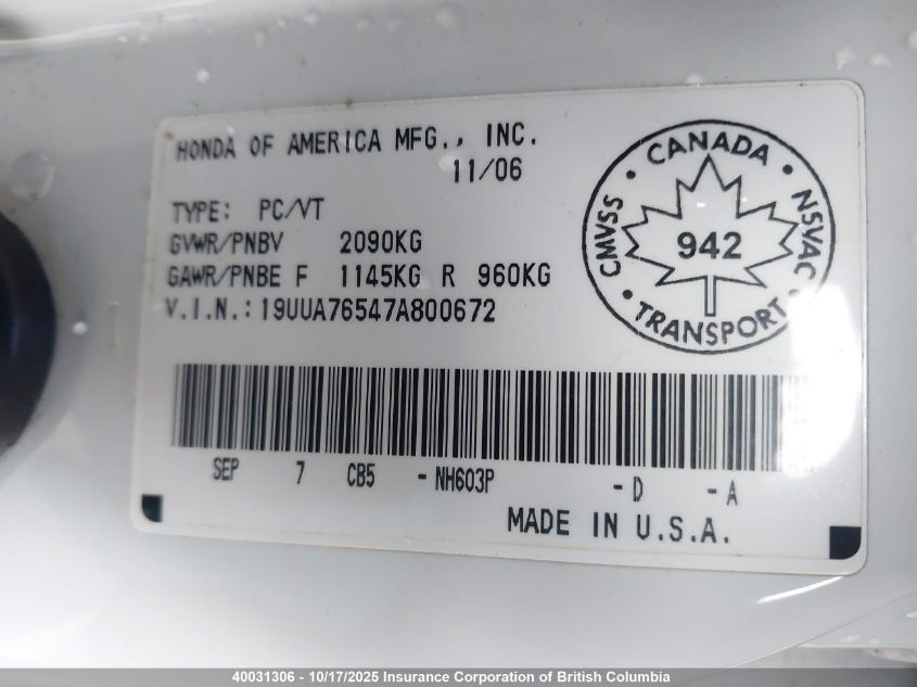 2007 Acura Tl Type S VIN: 19UUA76547A800672 Lot: 40031306