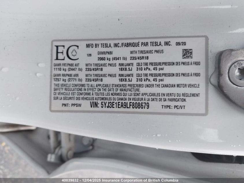 5YJ3E1EA9LF808679 2020 TESLA MODEL 3 photo no. 9