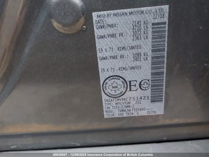 5N1AT2MV4KC751421 2019 NISSAN ROGUE photo no. 9