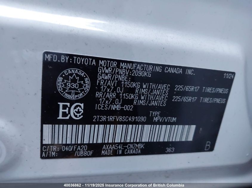 2025 Toyota Rav4 Xle/Xle Premium VIN: 2T3R1RFV8SC491090 Lot: 40036862