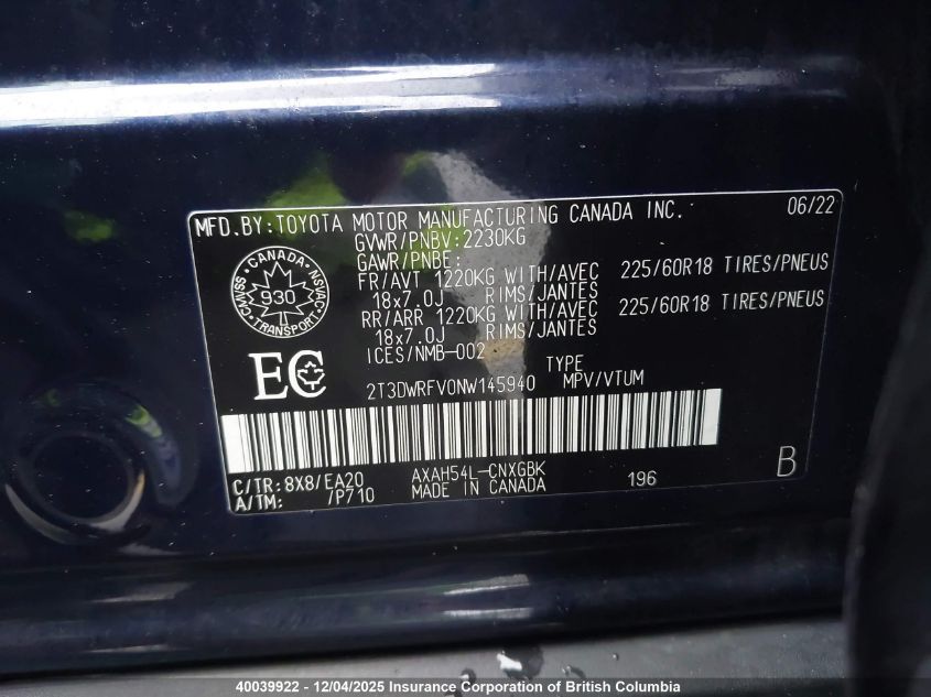 2022 Toyota Rav4 VIN: 2T3DWRFV0NW145940 Lot: 40039922