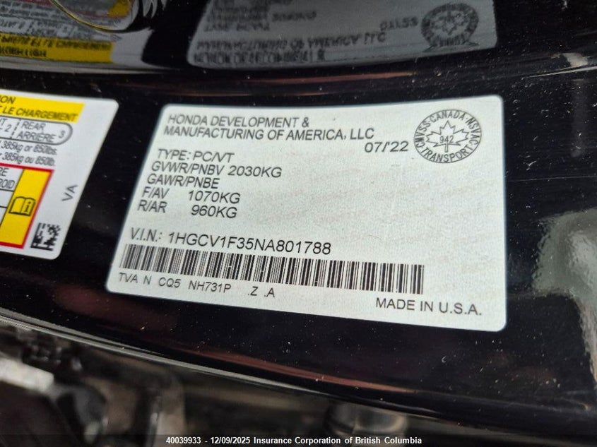 1HGCV1F35NA801788 2022 HONDA ACCORD photo no. 9