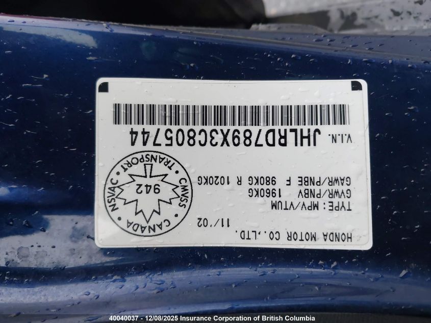 2003 Honda Cr-V VIN: JHLRD789X3C805744 Lot: 40040037