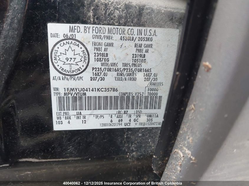 2001 Ford Escape Xlt VIN: 1FMYU04141KC35786 Lot: 40040062