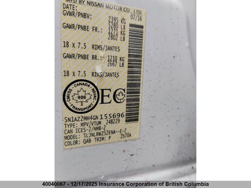 2016 Nissan Murano S/Sl/Sv/Platinum VIN: 5N1AZ2MH4GN155696 Lot: 40040067