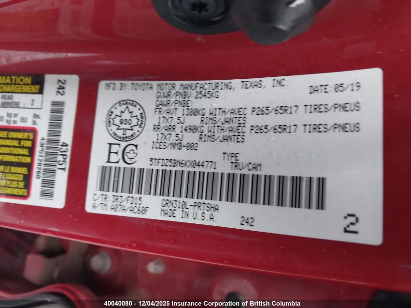 2019 Toyota Tacoma Double Cab/Sr5/Trd Sport/Trd Off Road VIN: 5TFDZ5BN6KX044771 Lot: 40040080