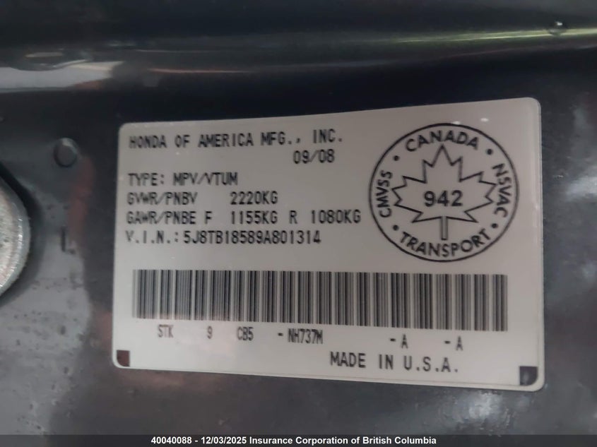 5J8TB18589A801314 2009 ACURA RDX photo no. 9