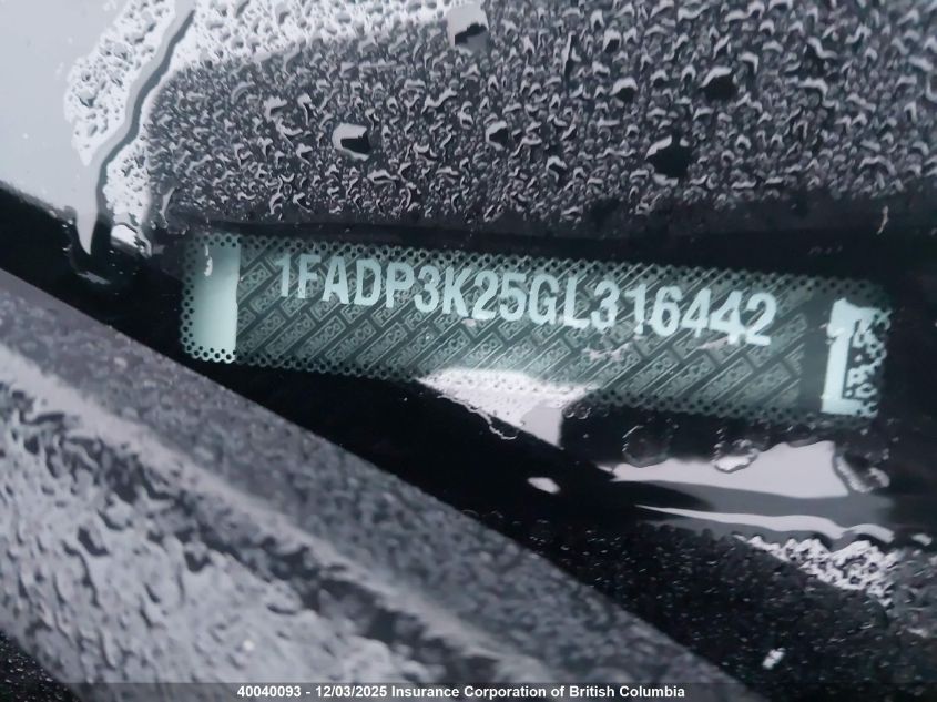 2016 Ford Focus VIN: 1FADP3K25GL316442 Lot: 40040093