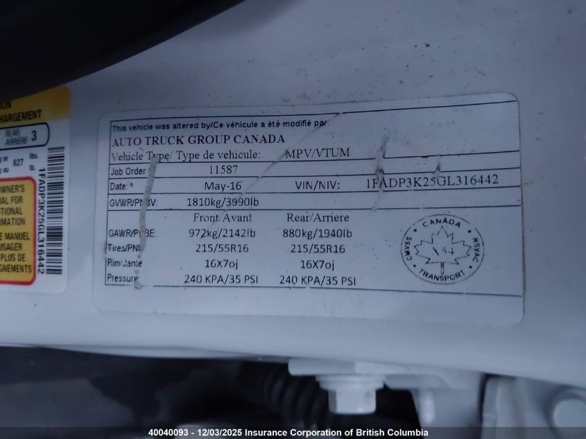 2016 Ford Focus VIN: 1FADP3K25GL316442 Lot: 40040093