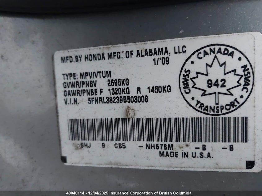 5FNRL38239B503008 2009 HONDA ODYSSEY photo no. 9