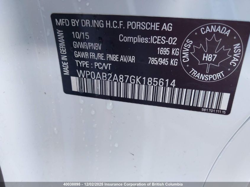 2016 Porsche Cayman S/Gts VIN: WP0AB2A87GK185614 Lot: 40038895