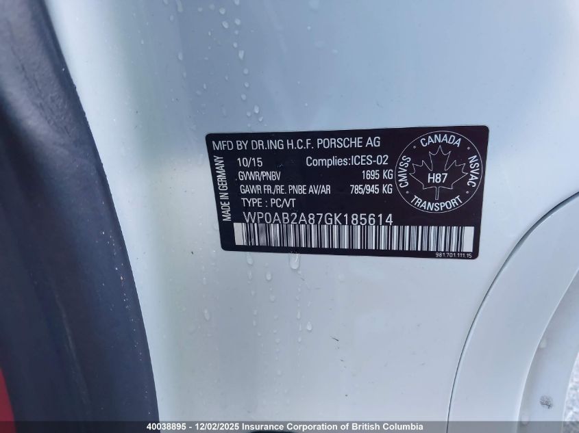 2016 Porsche Cayman S/Gts VIN: WP0AB2A87GK185614 Lot: 40038895