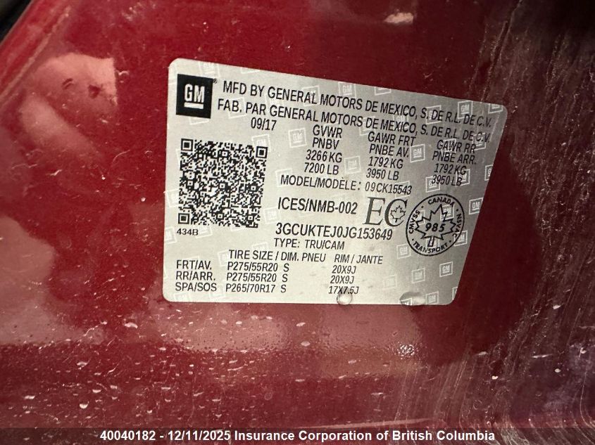 2018 Chevrolet Silverado K1500 High Country VIN: 3GCUKTEJ0JG153649 Lot: 40040182