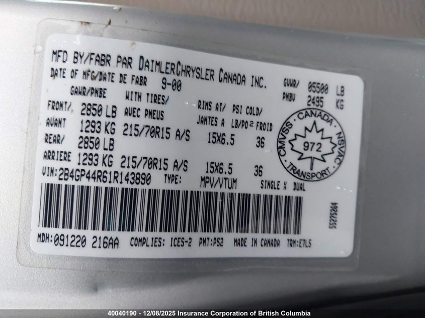 2B4GP44R61R143890 2001 DODGE CARAVAN photo no. 9