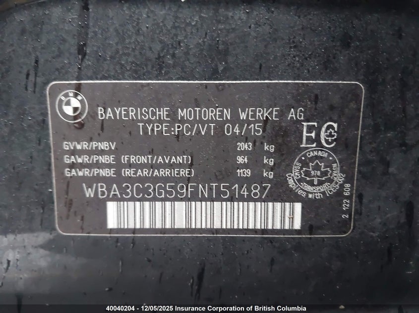 WBA3C3G59FNT51487 | 2015 BMW 320I