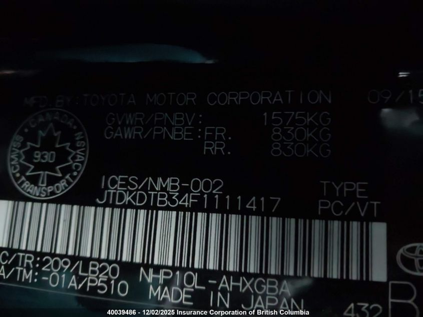 2015 Toyota Prius C VIN: JTDKDTB34F1111417 Lot: 40039486