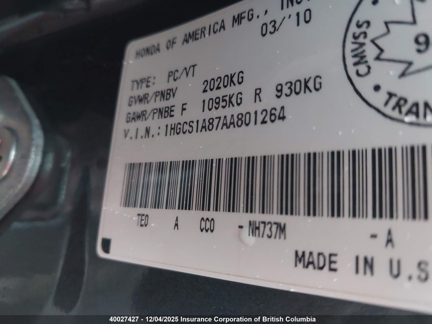 1HGCS1A87AA801264 2010 HONDA ACCORD photo no. 9