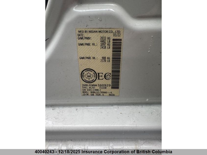 2022 Nissan Altima Sr VIN: 1N4BL4CW6NN360929 Lot: 40040243