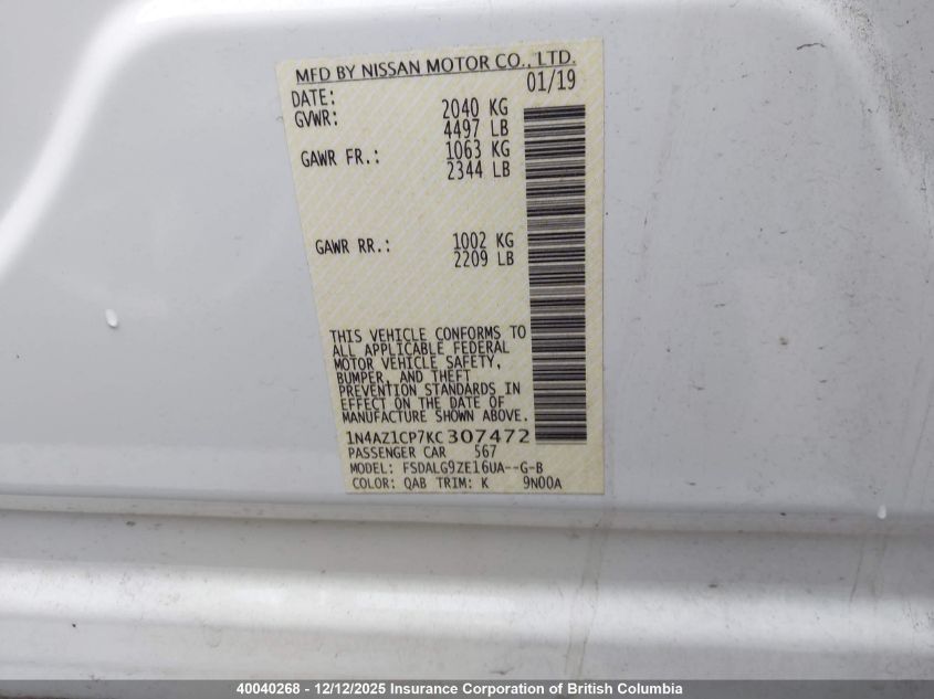 2019 Nissan Leaf VIN: 1N4AZ1CP7KC307472 Lot: 40040268