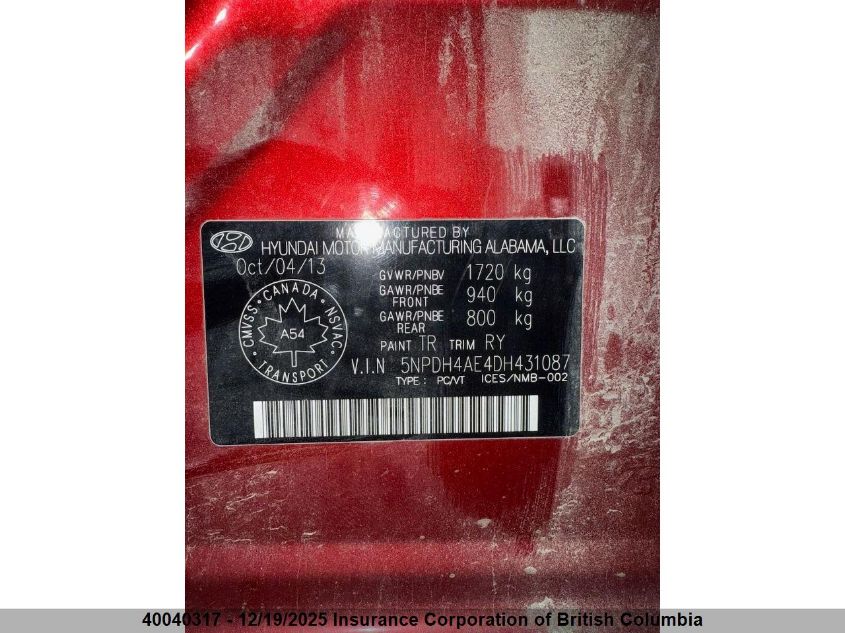 2013 Hyundai Elantra Gls/Limited VIN: 5NPDH4AE4DH431087 Lot: 40040317