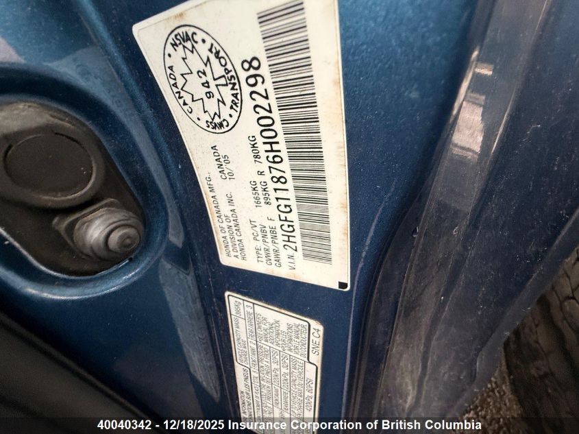 2006 Honda Civic VIN: 2HGFG11876H002298 Lot: 40040342